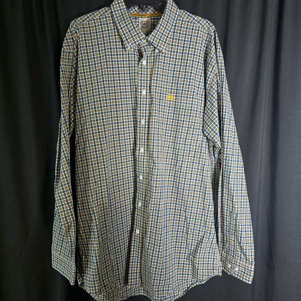 Cinch Mens XL Long Sleeve Button Down Plaid Western Shirt Green Yellow Cotton